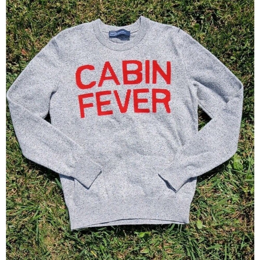 GAP Cabin Fever Lambswool Blend Graphic Sweater Gray Red Cozy Crewneck NWOT S